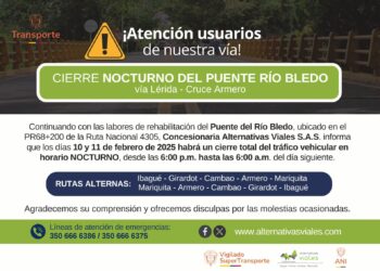 Cierre nocturno del puente Río Bledo entre Lérida y Armero los días 10 y 11 de febrero